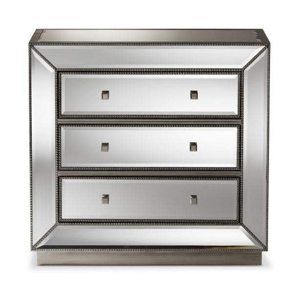 Baxton Studio Baxton Studio Edeline Glamour Mirrored 3-Drawer Cabinet with Beaded Trim & Crystal Pulls for Storage RXF-679