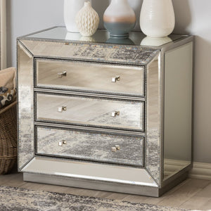 Baxton Studio Baxton Studio Edeline Glamour Mirrored 3-Drawer Cabinet with Beaded Trim & Crystal Pulls for Storage RXF-679