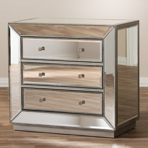 Baxton Studio Baxton Studio Edeline Glamour Mirrored 3-Drawer Cabinet with Beaded Trim & Crystal Pulls for Storage RXF-679