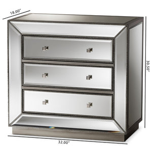 Baxton Studio Baxton Studio Edeline Glamour Mirrored 3-Drawer Cabinet with Beaded Trim & Crystal Pulls for Storage RXF-679
