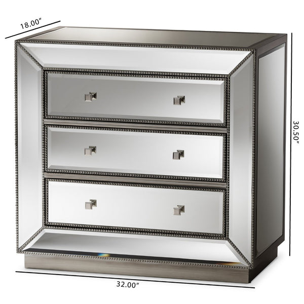Baxton Studio Baxton Studio Edeline Glamour Mirrored 3-Drawer Cabinet with Beaded Trim & Crystal Pulls for Storage RXF-679
