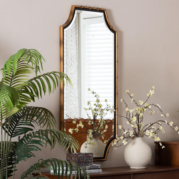 Baxton Studio Lieven Iron Frame Art Deco Wall Mirror with Scalloped Bamboo Motif