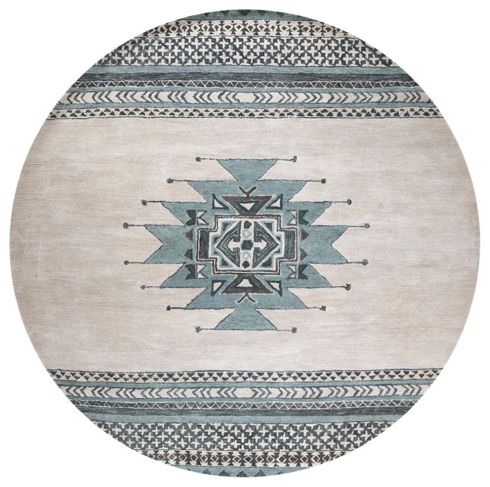 Alora Decor Ryder Hand-Tufted 100% Wool Round Rug, Southwestern Geometric 8' Anchor Rug In Ivory Tan Aqua Gray RYDRY1011093708RD