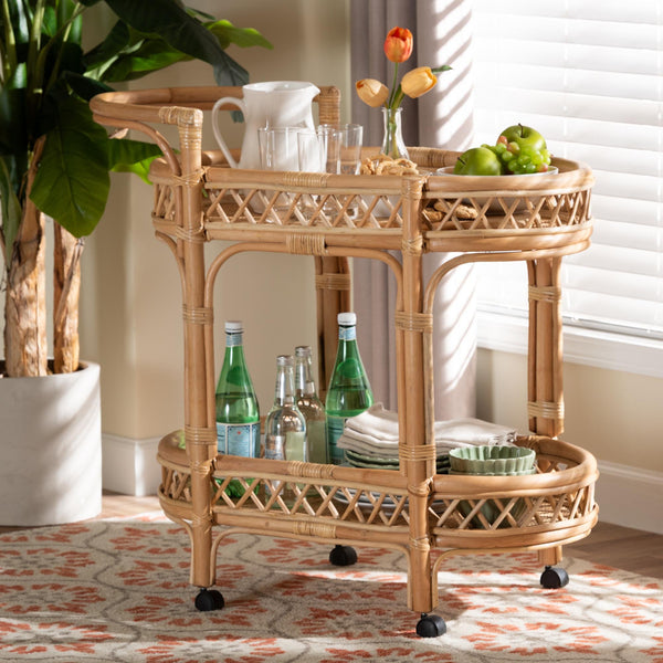 Bali & Pari Raul Handwoven Rattan Kitchen Cart with Casters for Coastal Boho Spaces