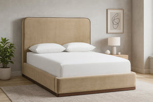 Meridian Furniture Rava Full Upholstered Platform Bed with Velvet Headboard and Walnut Wood Base Modern Style Beige / Brown RavaBeige-F