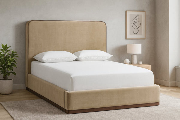 Meridian Furniture Rava Full Upholstered Platform Bed with Velvet Headboard and Walnut Wood Base Modern Style Beige / Brown RavaBeige-F