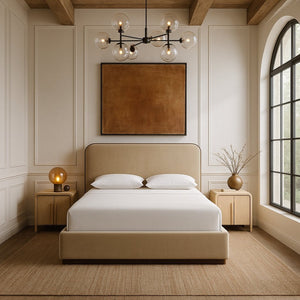 Meridian Furniture Rava Velvet King Bed Tall Headboard Walnut Base Platform Frame for Modern Bedrooms Beige / Brown RavaBeige-K