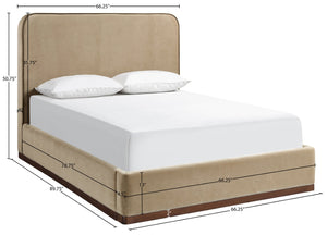 Meridian Furniture Rava Velvet Queen Bed Upholstered Platform Frame with Walnut Base and Piped Wingback Headboard Beige / Brown RavaBeige-Q