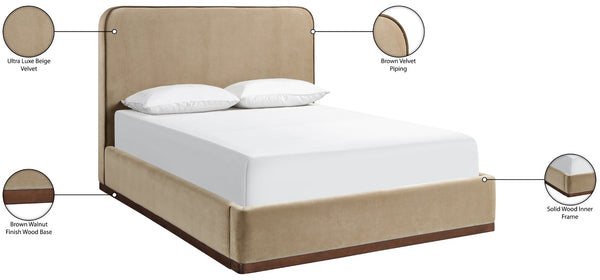 Meridian Furniture Rava Velvet Queen Bed Upholstered Platform Frame with Walnut Base and Piped Wingback Headboard Beige / Brown RavaBeige-Q