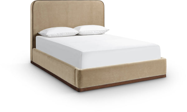 Meridian Furniture Rava Velvet Queen Bed Upholstered Platform Frame with Walnut Base and Piped Wingback Headboard Beige / Brown RavaBeige-Q