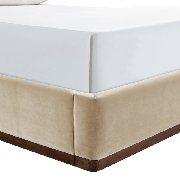 Meridian Furniture Rava Velvet Queen Bed Upholstered Platform Frame with Walnut Base and Piped Wingback Headboard Beige / Brown RavaBeige-Q