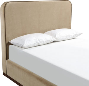 Meridian Furniture Rava Velvet Queen Bed Upholstered Platform Frame with Walnut Base and Piped Wingback Headboard Beige / Brown RavaBeige-Q