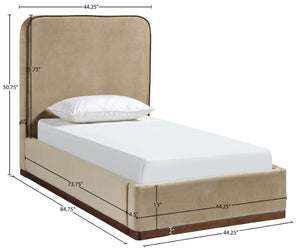 Meridian Furniture Rava Velvet Twin Bed with Tall Upholstered Headboard and Walnut Base for Modern Bedrooms Beige / Brown RavaBeige-T