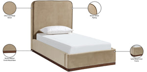 Meridian Furniture Rava Velvet Twin Bed with Tall Upholstered Headboard and Walnut Base for Modern Bedrooms Beige / Brown RavaBeige-T