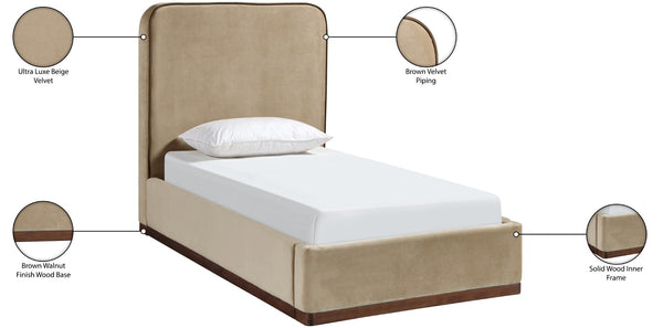 Meridian Furniture Rava Velvet Twin Bed with Tall Upholstered Headboard and Walnut Base for Modern Bedrooms Beige / Brown RavaBeige-T