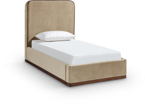 Meridian Furniture Rava Velvet Twin Bed with Tall Upholstered Headboard and Walnut Base for Modern Bedrooms Beige / Brown RavaBeige-T