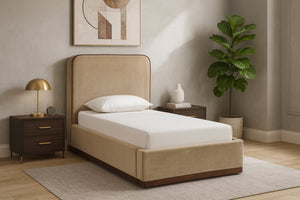 Meridian Furniture Rava Velvet Twin Bed with Tall Upholstered Headboard and Walnut Base for Modern Bedrooms Beige / Brown RavaBeige-T