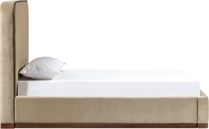 Meridian Furniture Rava Velvet Twin Bed with Tall Upholstered Headboard and Walnut Base for Modern Bedrooms Beige / Brown RavaBeige-T