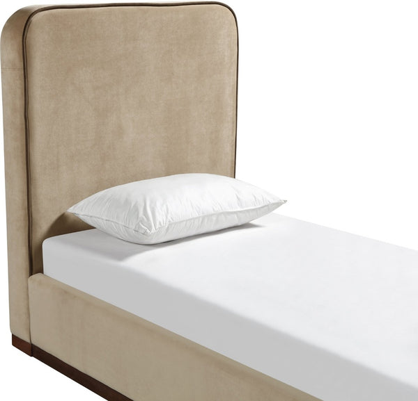 Meridian Furniture Rava Velvet Twin Bed with Tall Upholstered Headboard and Walnut Base for Modern Bedrooms Beige / Brown RavaBeige-T