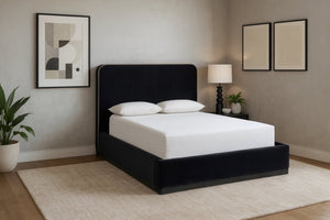 Meridian Furniture Rava Full Upholstered Platform Bed with Velvet Headboard and Walnut Wood Base Modern Style Black / Taupe RavaBlack-F