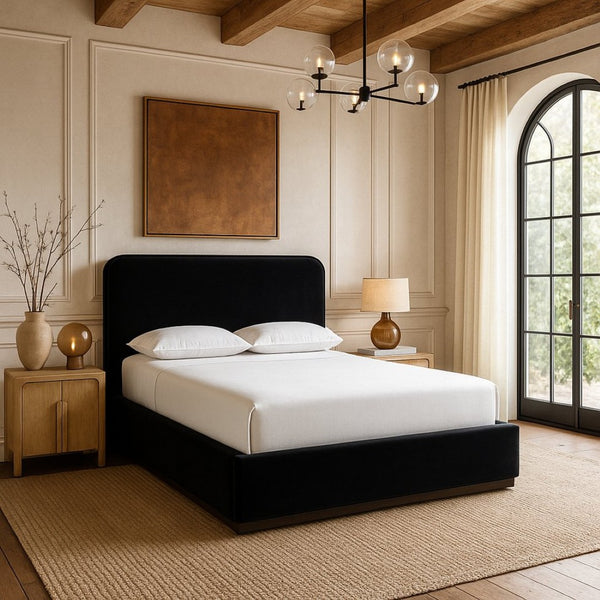 Meridian Furniture Rava Velvet King Bed Tall Headboard Walnut Base Platform Frame for Modern Bedrooms Black / Taupe RavaBlack-K
