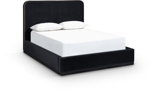 Meridian Furniture Rava Velvet Queen Bed Upholstered Platform Frame with Walnut Base and Piped Wingback Headboard Black / Taupe RavaBlack-Q