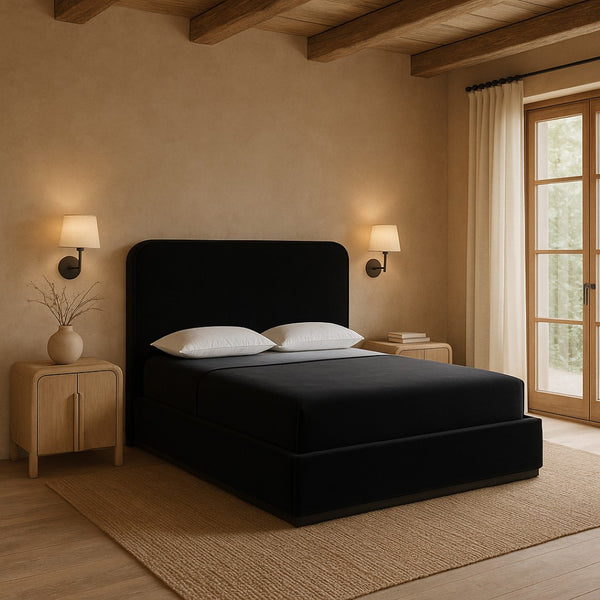 Meridian Furniture Rava Velvet Queen Bed Upholstered Platform Frame with Walnut Base and Piped Wingback Headboard Black / Taupe RavaBlack-Q