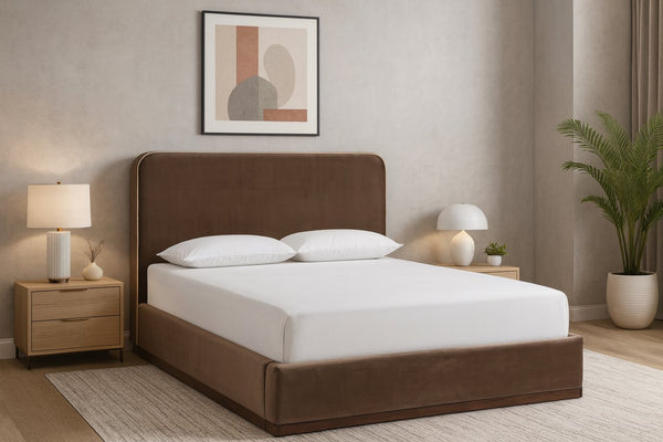 Meridian Furniture Rava Full Upholstered Platform Bed with Velvet Headboard and Walnut Wood Base Modern Style Brown / Beige RavaBrown-F