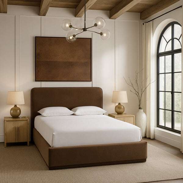 Meridian Furniture Rava Velvet King Bed Tall Headboard Walnut Base Platform Frame for Modern Bedrooms Brown / Beige RavaBrown-K