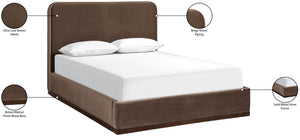 Meridian Furniture Rava Velvet Queen Bed Upholstered Platform Frame with Walnut Base and Piped Wingback Headboard Brown / Beige RavaBrown-Q