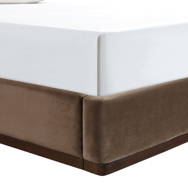 Meridian Furniture Rava Velvet Queen Bed Upholstered Platform Frame with Walnut Base and Piped Wingback Headboard Brown / Beige RavaBrown-Q