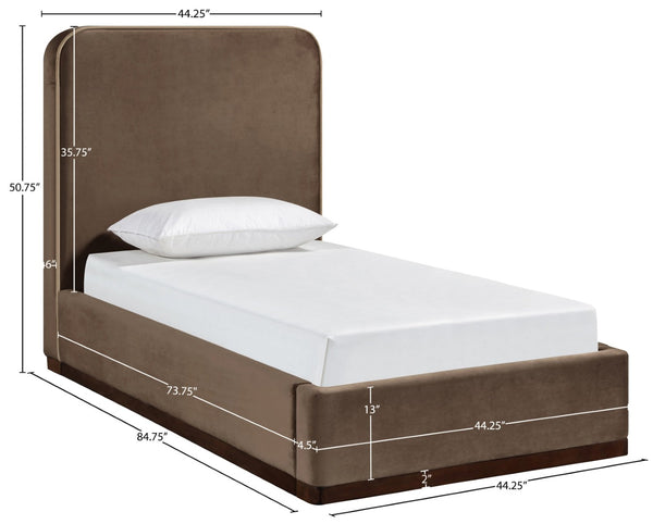 Meridian Furniture Rava Velvet Twin Bed with Tall Upholstered Headboard and Walnut Base for Modern Bedrooms Brown / Beige RavaBrown-T
