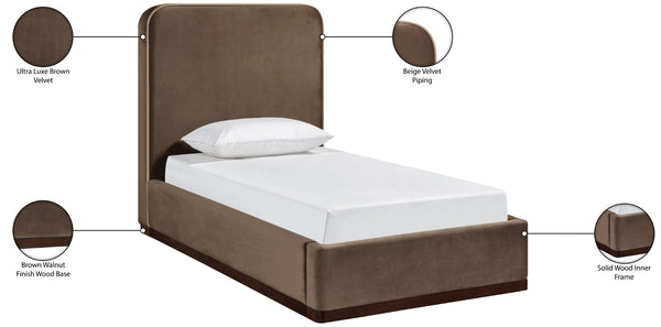 Meridian Furniture Rava Velvet Twin Bed with Tall Upholstered Headboard and Walnut Base for Modern Bedrooms Brown / Beige RavaBrown-T