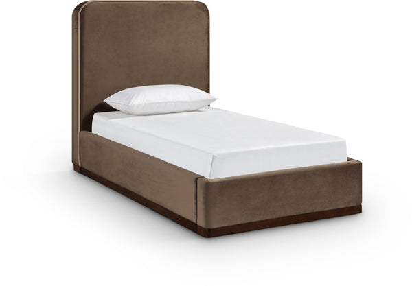 Meridian Furniture Rava Velvet Twin Bed with Tall Upholstered Headboard and Walnut Base for Modern Bedrooms Brown / Beige RavaBrown-T