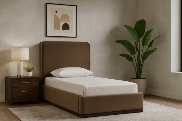 Meridian Furniture Rava Velvet Twin Bed with Tall Upholstered Headboard and Walnut Base for Modern Bedrooms Brown / Beige RavaBrown-T