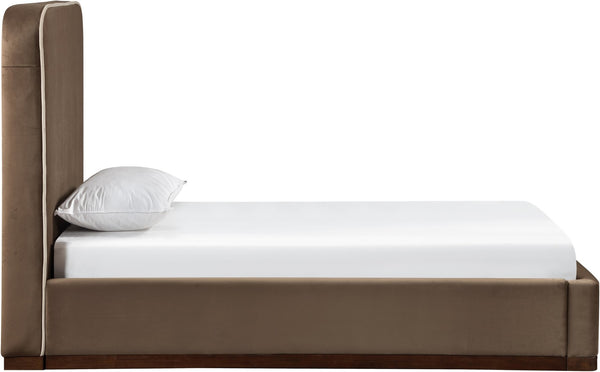 Meridian Furniture Rava Velvet Twin Bed with Tall Upholstered Headboard and Walnut Base for Modern Bedrooms Brown / Beige RavaBrown-T