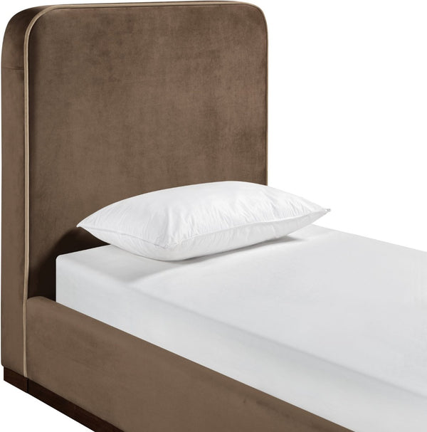 Meridian Furniture Rava Velvet Twin Bed with Tall Upholstered Headboard and Walnut Base for Modern Bedrooms Brown / Beige RavaBrown-T
