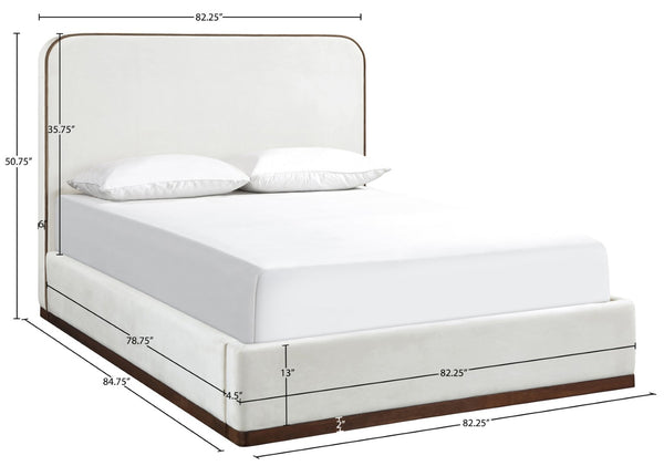 Meridian Furniture Rava Velvet King Bed Tall Headboard Walnut Base Platform Frame for Modern Bedrooms Cream / Beige RavaCream-K