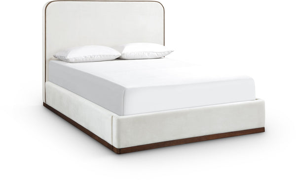 Meridian Furniture Rava Velvet King Bed Tall Headboard Walnut Base Platform Frame for Modern Bedrooms Cream / Beige RavaCream-K