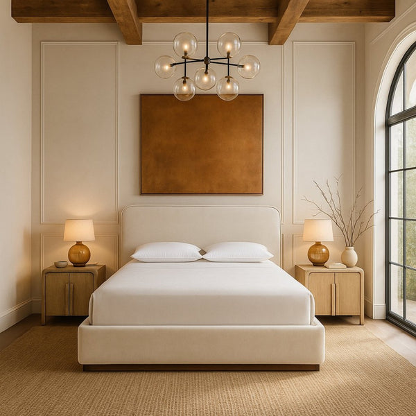 Meridian Furniture Rava Velvet King Bed Tall Headboard Walnut Base Platform Frame for Modern Bedrooms Cream / Beige RavaCream-K