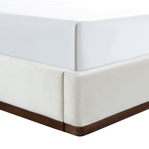 Meridian Furniture Rava Velvet King Bed Tall Headboard Walnut Base Platform Frame for Modern Bedrooms Cream / Beige RavaCream-K