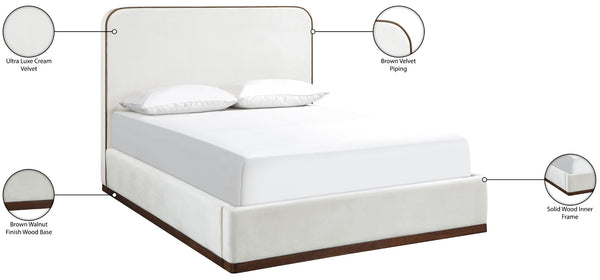 Meridian Furniture Rava Velvet Queen Bed Upholstered Platform Frame with Walnut Base and Piped Wingback Headboard Cream / Beige RavaCream-Q