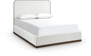 Meridian Furniture Rava Velvet Queen Bed Upholstered Platform Frame with Walnut Base and Piped Wingback Headboard Cream / Beige RavaCream-Q