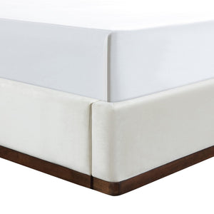 Meridian Furniture Rava Velvet Queen Bed Upholstered Platform Frame with Walnut Base and Piped Wingback Headboard Cream / Beige RavaCream-Q