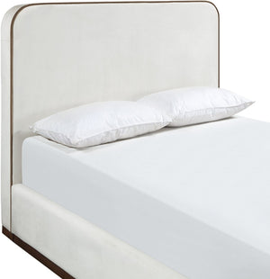 Meridian Furniture Rava Velvet Queen Bed Upholstered Platform Frame with Walnut Base and Piped Wingback Headboard Cream / Beige RavaCream-Q