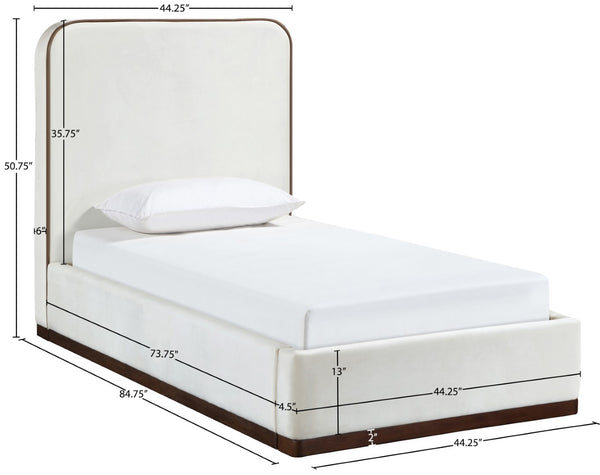 Meridian Furniture Rava Velvet Twin Bed with Tall Upholstered Headboard and Walnut Base for Modern Bedrooms Cream / Beige RavaCream-T