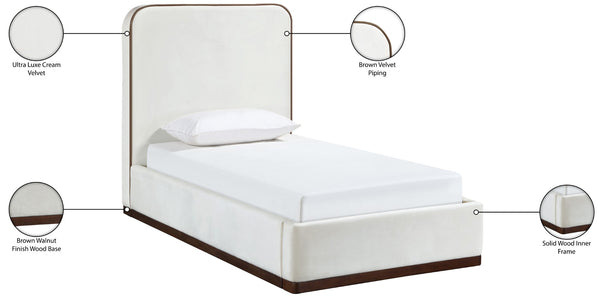 Meridian Furniture Rava Velvet Twin Bed with Tall Upholstered Headboard and Walnut Base for Modern Bedrooms Cream / Beige RavaCream-T