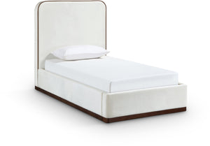 Meridian Furniture Rava Velvet Twin Bed with Tall Upholstered Headboard and Walnut Base for Modern Bedrooms Cream / Beige RavaCream-T