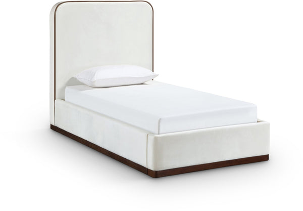 Meridian Furniture Rava Velvet Twin Bed with Tall Upholstered Headboard and Walnut Base for Modern Bedrooms Cream / Beige RavaCream-T