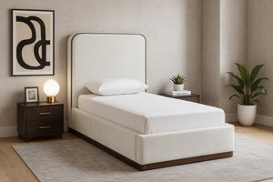 Meridian Furniture Rava Velvet Twin Bed with Tall Upholstered Headboard and Walnut Base for Modern Bedrooms Cream / Beige RavaCream-T